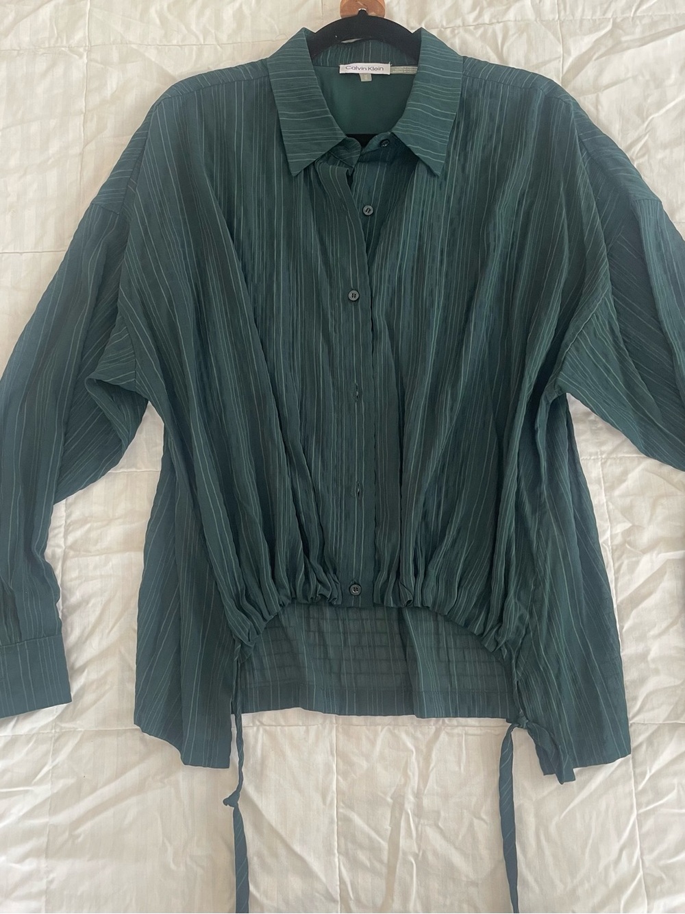 Eileen Fisher Teal-Green Pinstripe Button-Down Drawstring Shirt